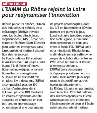 Le Progrès du 17/10/2012 - Partenariat UIMM Loire et METALLURGIE Rhodanienne